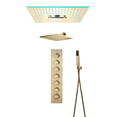 16-Inch Brushed Gold Flush Mount Shower Faucet Set with 6-Way Thermostatic Control, 64-Color LED, Bluetooth Music, Rainfall-Waterfall-Mist Features, Rotating Hydro Jet, and Regular Head