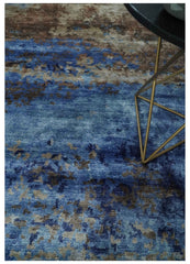 8x10 Blue, Beige and Brown Modern Abstract Hand Knotted wool and bamboo Silk Area Rug
