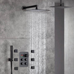 12-Inch Or 16 inch Non-LED Oil Rubbed Bronze (ORB) Ceiling-Mounted 4-Way Thermostatic Valve with Wall-Mounted 12-Inch Rain Head, Body Jets, and Dual Functionality