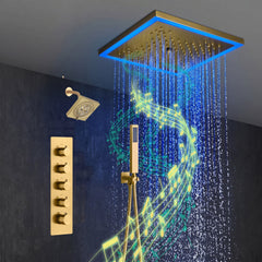 12-Inch Brushed Gold Flush Mount Shower Faucet Set: 4-Way Thermostatic Control, 64-Color LED Lights, Bluetooth Music, and Regular Head