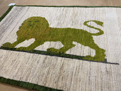 3 x 4 Handmade Rug Zagros Mountains Wool Rug Lion Beige Olive Green Tribal Rug