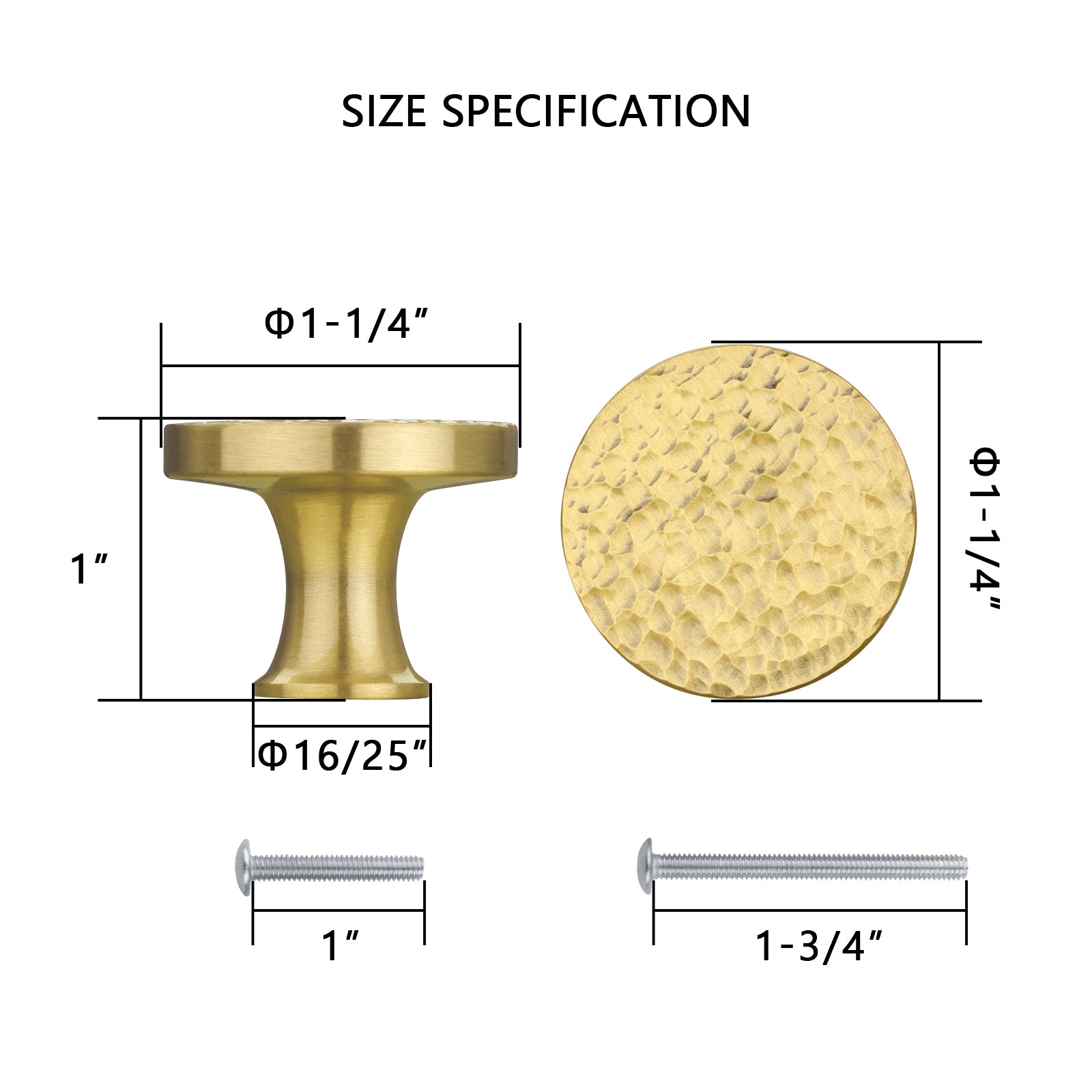 Akicon Hammered Polished Gold Kitchen Cabinet Knobs 1-1/4 inch (32 mm) Diameter 100% Solid Brass Drawer Kno