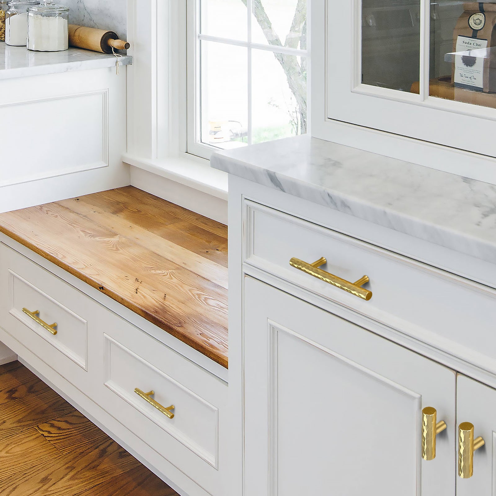 Akicon Hammered Polished Gold Kitchen T Bar Cabinet Pulls 100% Solid Brass Drawer Knob — AK01917A-PB-10PACKS