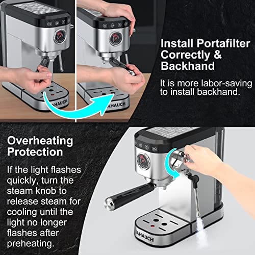 20 Bar Espresso Machine, 1350W Compact Espresso Cofee Machine for Home Office, Stainless Steel Espresso Maker with Milk Frother for Espresso/Macchiato/Latte/Cappuccino, 37oz Water Tank
