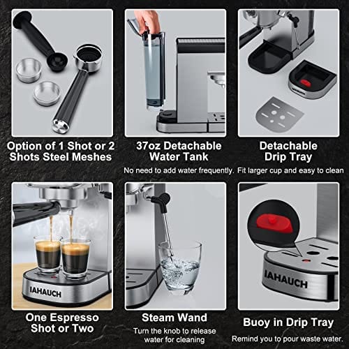 20 Bar Espresso Machine, 1350W Compact Espresso Cofee Machine for Home Office, Stainless Steel Espresso Maker with Milk Frother for Espresso/Macchiato/Latte/Cappuccino, 37oz Water Tank