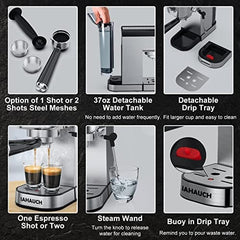 20 Bar Espresso Machine, 1350W Compact Espresso Cofee Machine for Home Office, Stainless Steel Espresso Maker with Milk Frother for Espresso/Macchiato/Latte/Cappuccino, 37oz Water Tank