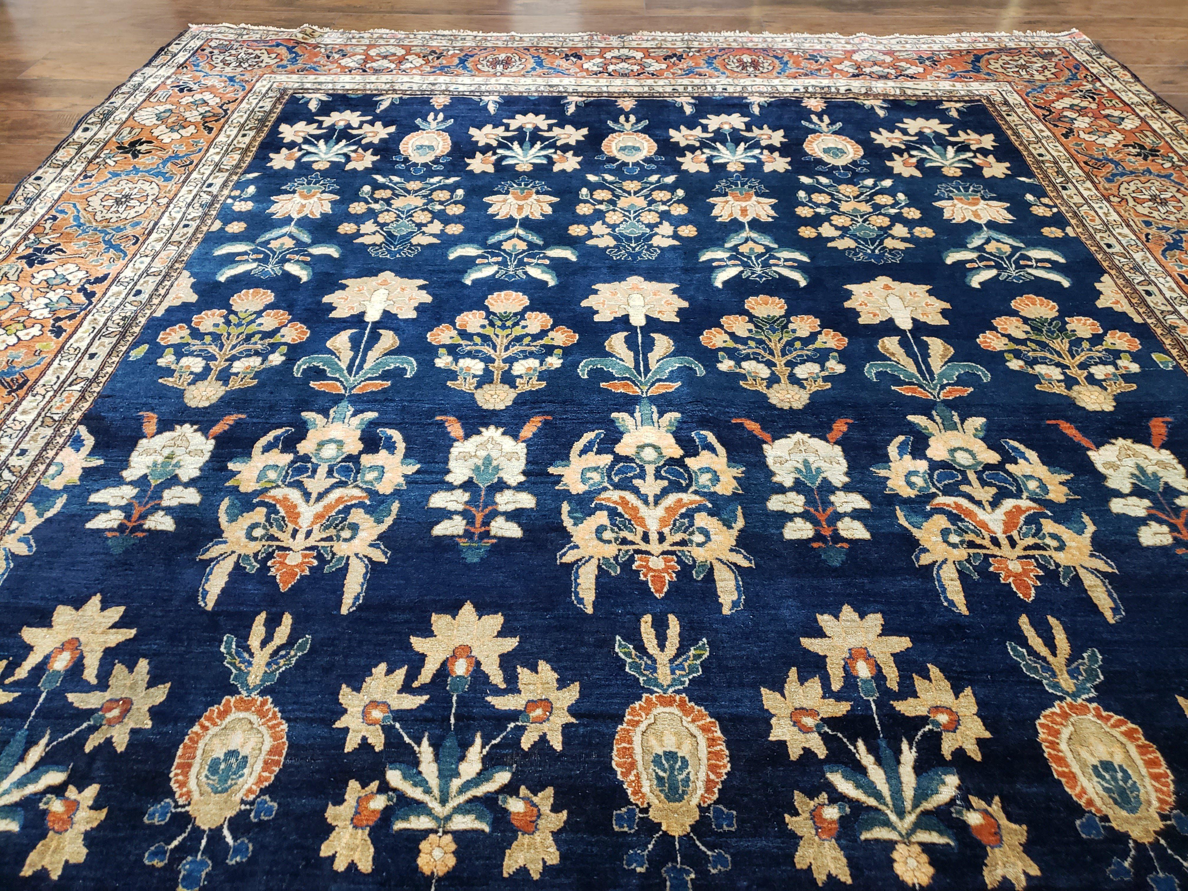 1920s Antique Persian Sarouk Mahajaran Rug, Hand Knotted, Wool, Dark Blue and Red, 8'7" x 11'10'