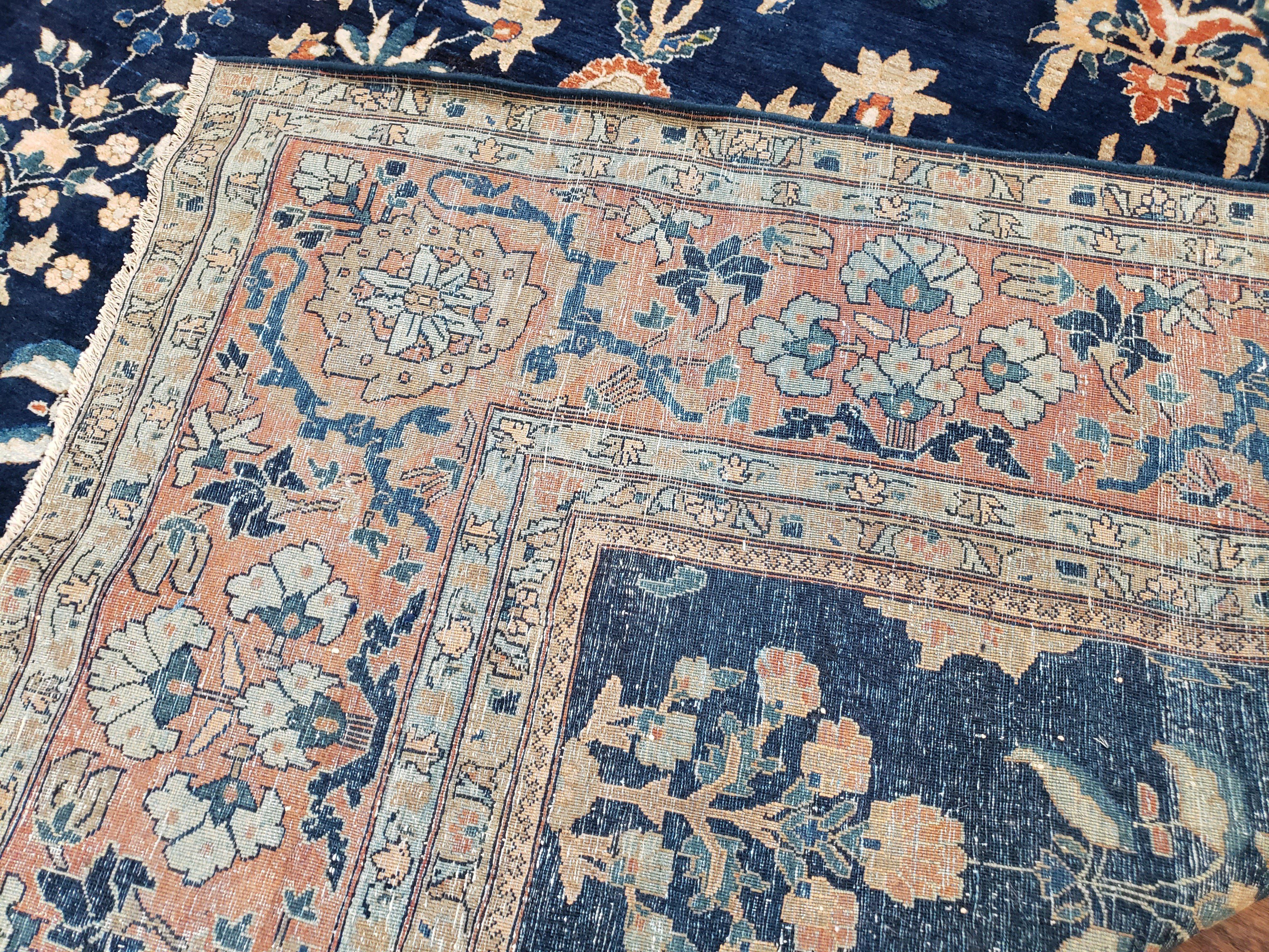 1920s Antique Persian Sarouk Mahajaran Rug, Hand Knotted, Wool, Dark Blue and Red, 8'7" x 11'10'