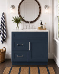 30 Inch Navy Blue Shaker Single Sink Bathroom Vanity with Drawers on the Left