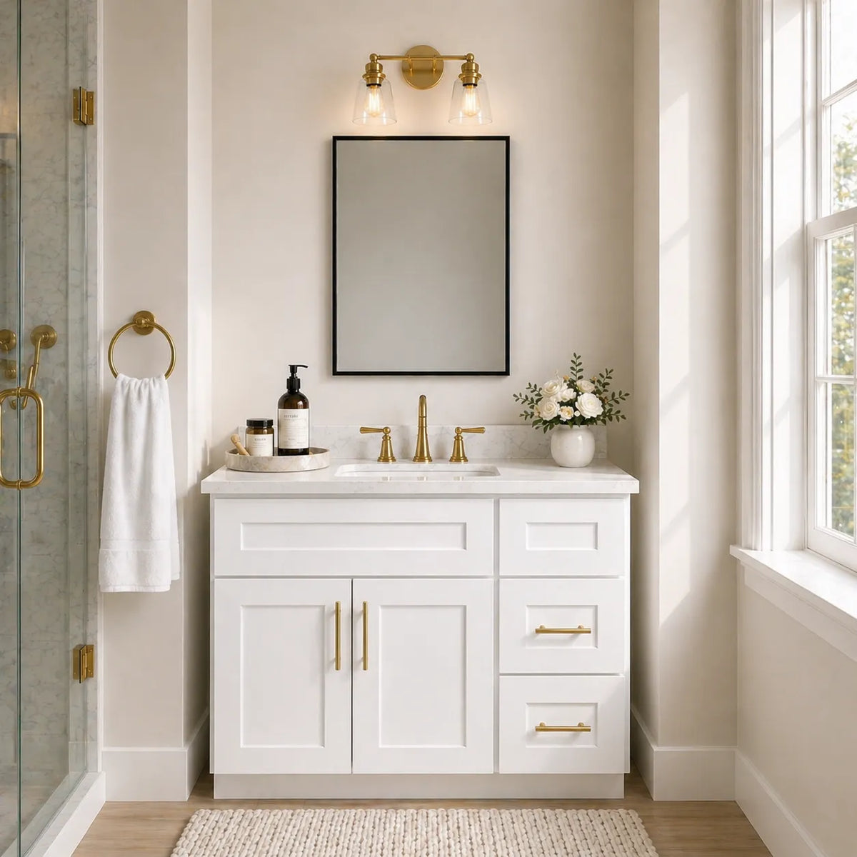36" White Shaker Single Sink Bathroom Vanity with Drawers on the Right