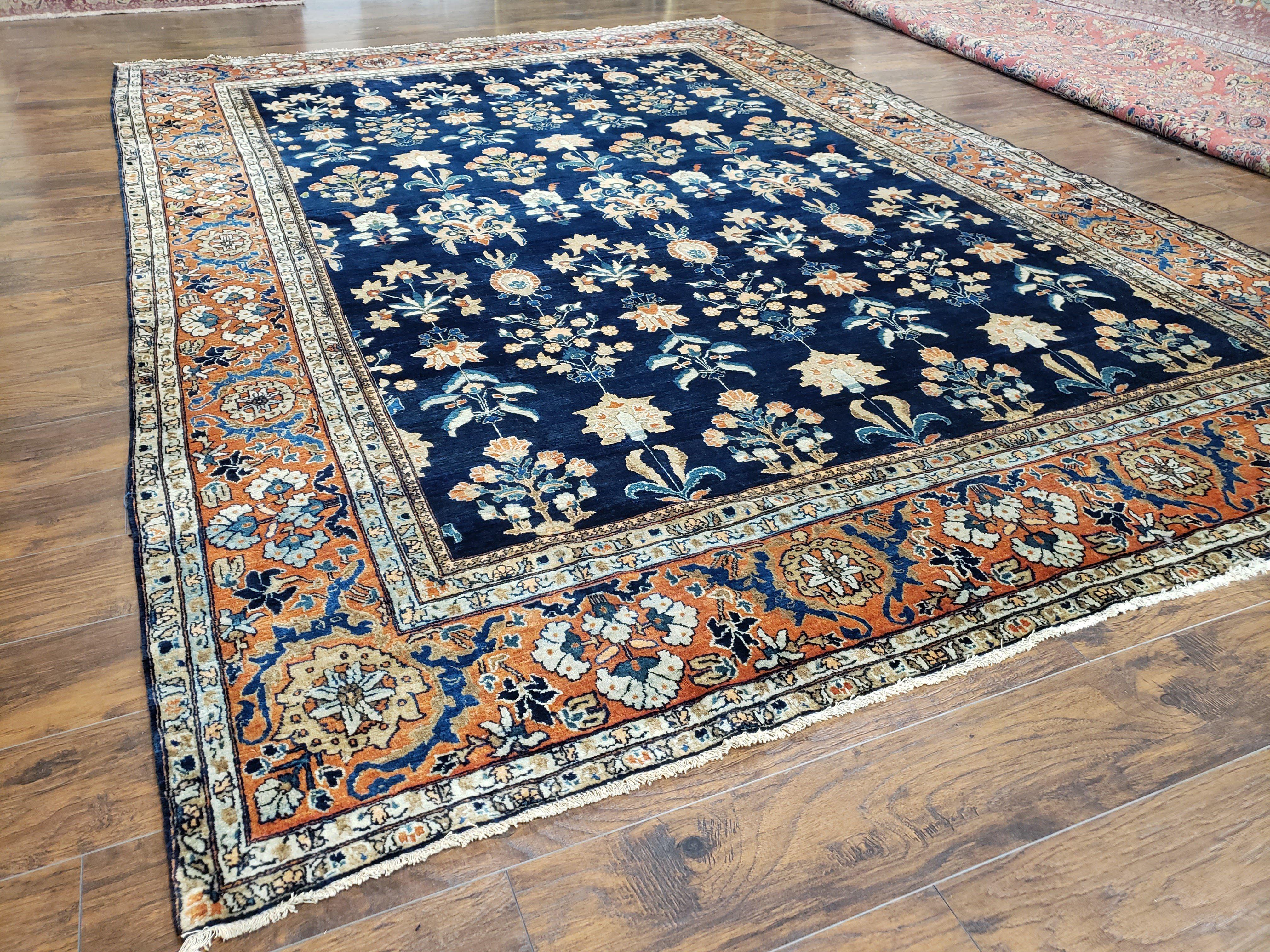 1920s Antique Persian Sarouk Mahajaran Rug, Hand Knotted, Wool, Dark Blue and Red, 8'7" x 11'10'