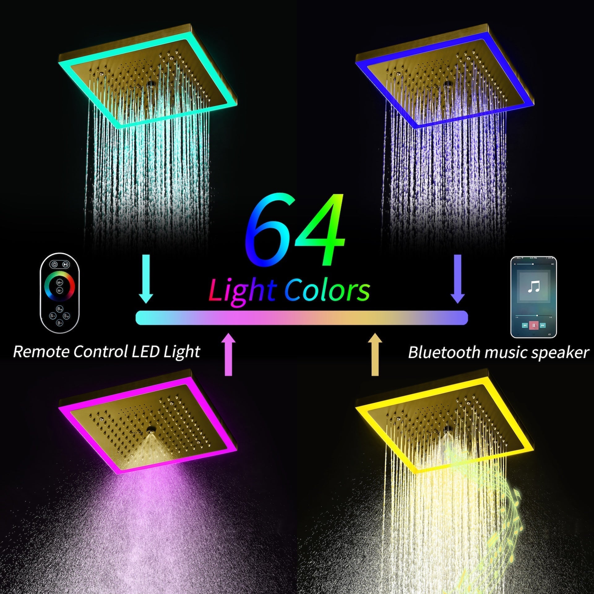 12-Inch Brushed Gold Flush Mount Shower Faucet Set: 4-Way Thermostatic Control, 64-Color LED Lights, Bluetooth Music, and Regular Head