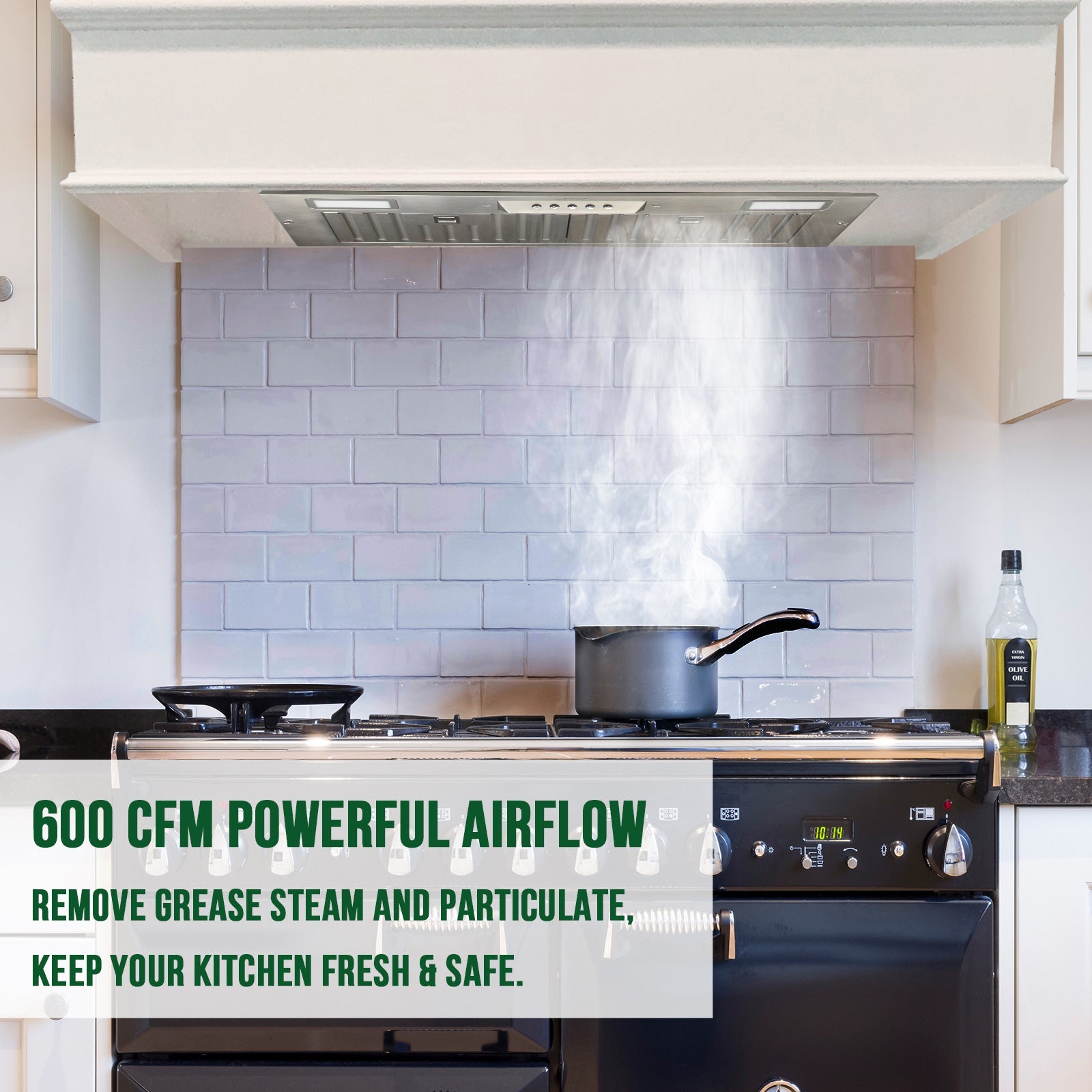 30" Range Hood Insert, 600 CFM Built-in Stainless Steel Kitchen Hood with LED Lights