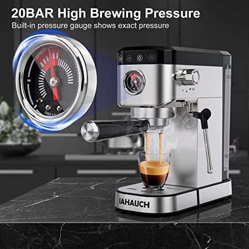 20 Bar Espresso Machine, 1350W Compact Espresso Cofee Machine for Home Office, Stainless Steel Espresso Maker with Milk Frother for Espresso/Macchiato/Latte/Cappuccino, 37oz Water Tank