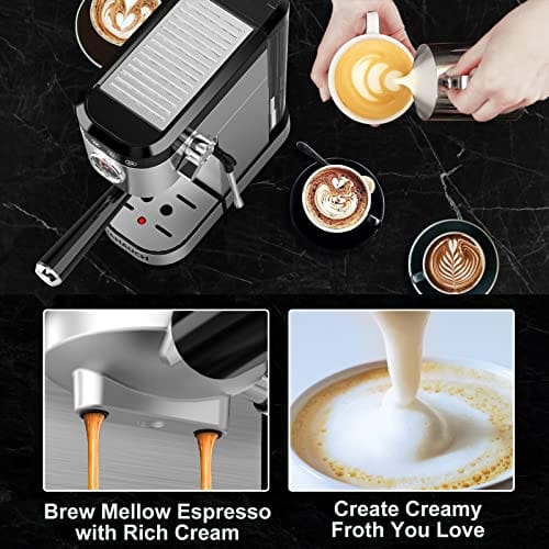 20 Bar Espresso Machine, 1350W Compact Espresso Cofee Machine for Home Office, Stainless Steel Espresso Maker with Milk Frother for Espresso/Macchiato/Latte/Cappuccino, 37oz Water Tank