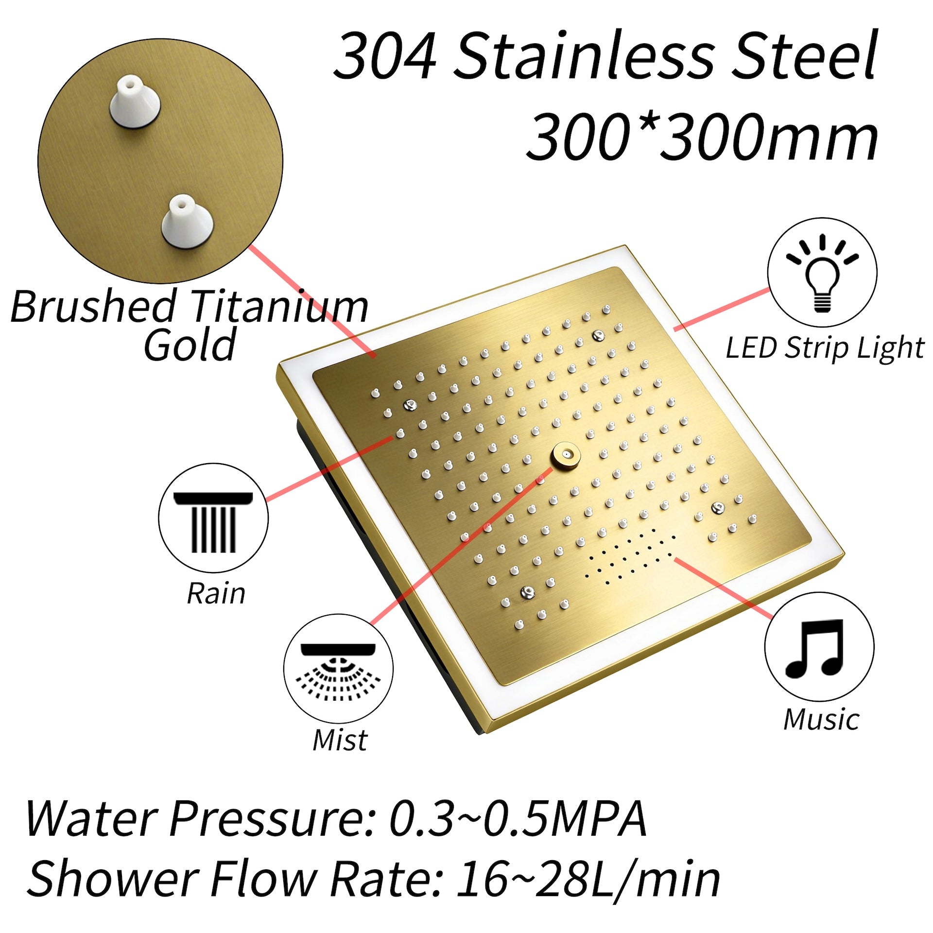 12-Inch Brushed Gold Flush Mount Shower Faucet Set: 3-Way Thermostatic Control, 64-Color LED Lights, Bluetooth Music, and Regular Head