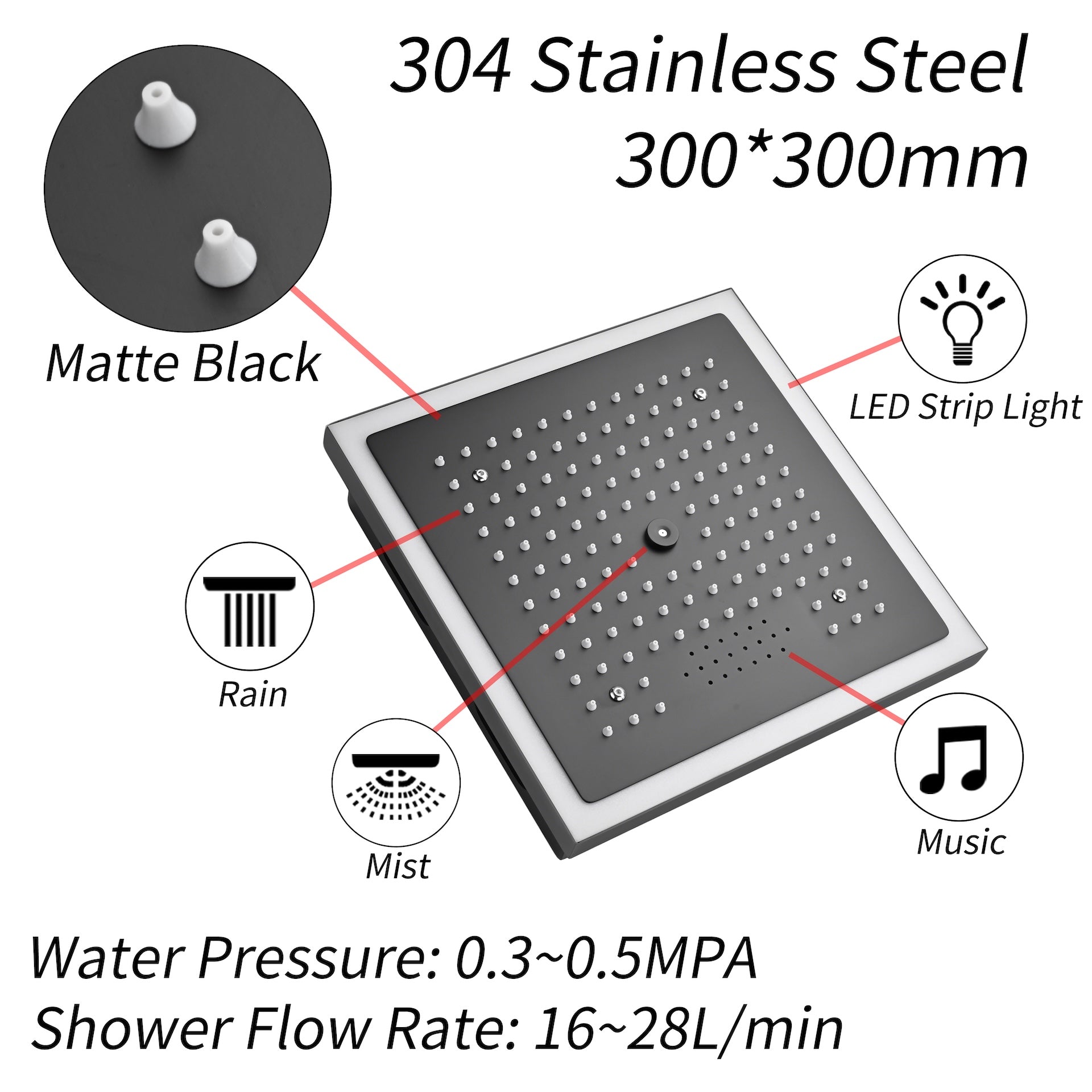 12-Inch Matte Black Flush Mount Shower Faucet Set with Digital Display: 4-Way Thermostatic Control, 64-Color LED Lights, Bluetooth Music, Body Sprayers and Regular Head