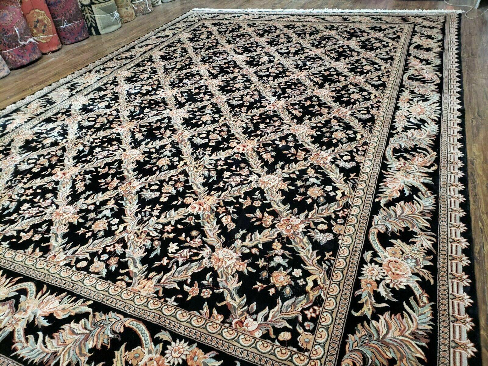 10' X 14' Handmade Fine Chinese Allover Floral Wool Rug Hand Knotted Black Nice