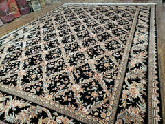 10' X 14' Handmade Fine Chinese Allover Floral Wool Rug Hand Knotted Black Nice