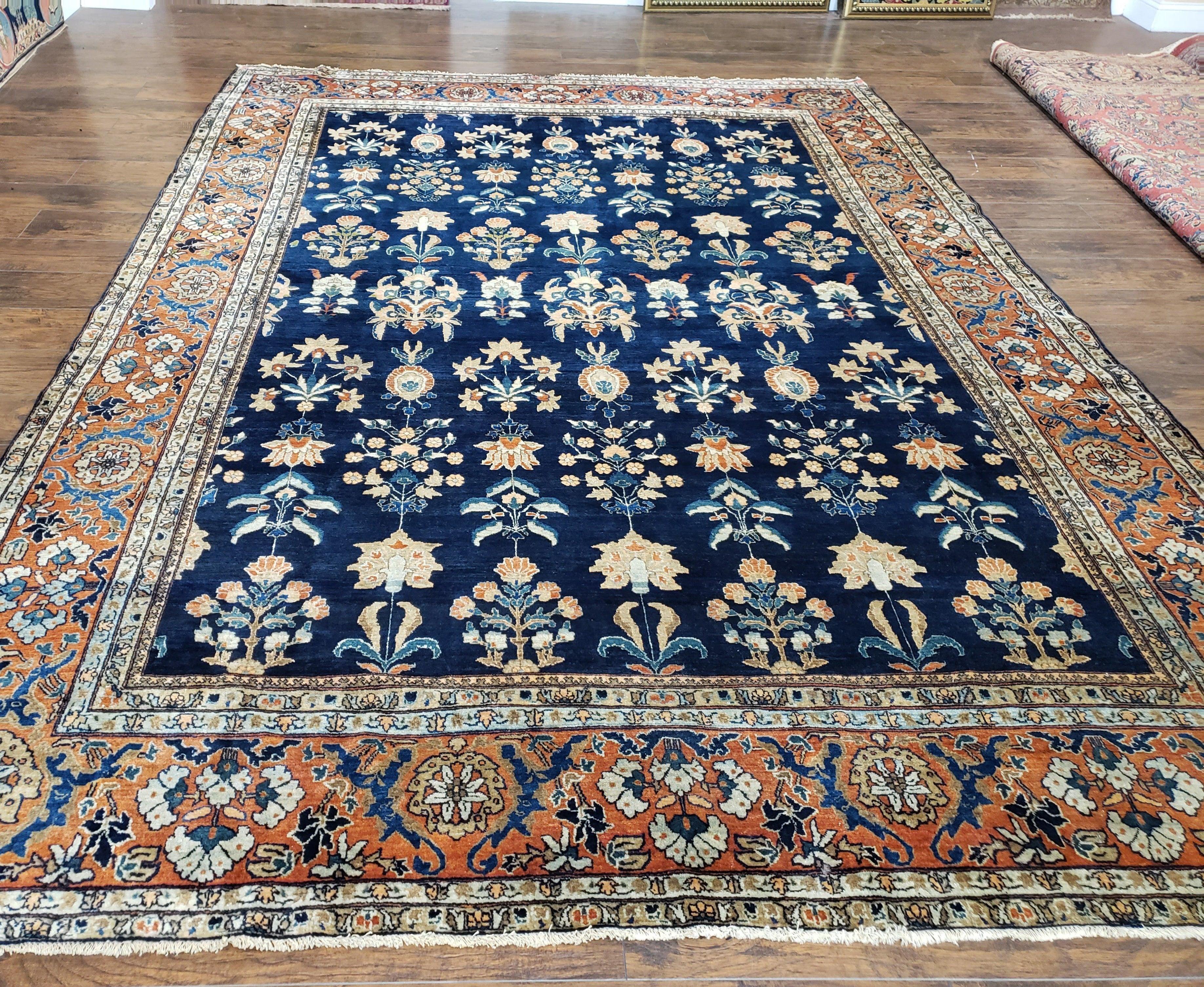 1920s Antique Persian Sarouk Mahajaran Rug, Hand Knotted, Wool, Dark Blue and Red, 8'7" x 11'10'
