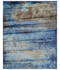 8x10 Blue, Beige and Brown Modern Abstract Hand Knotted wool and bamboo Silk Area Rug