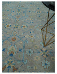 8x10 Hand Tufted Gray, Beige and Accent Blue Traditional Herati Design Wool Rug