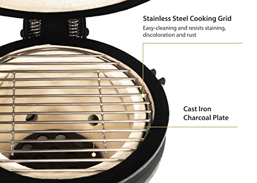 9.8-in W Kamado Charcoal BBQ Grill – Heavy Duty Ceramic Barbecue Smoker and Roaster with Built-in Thermometer and Stainless Steel Grate