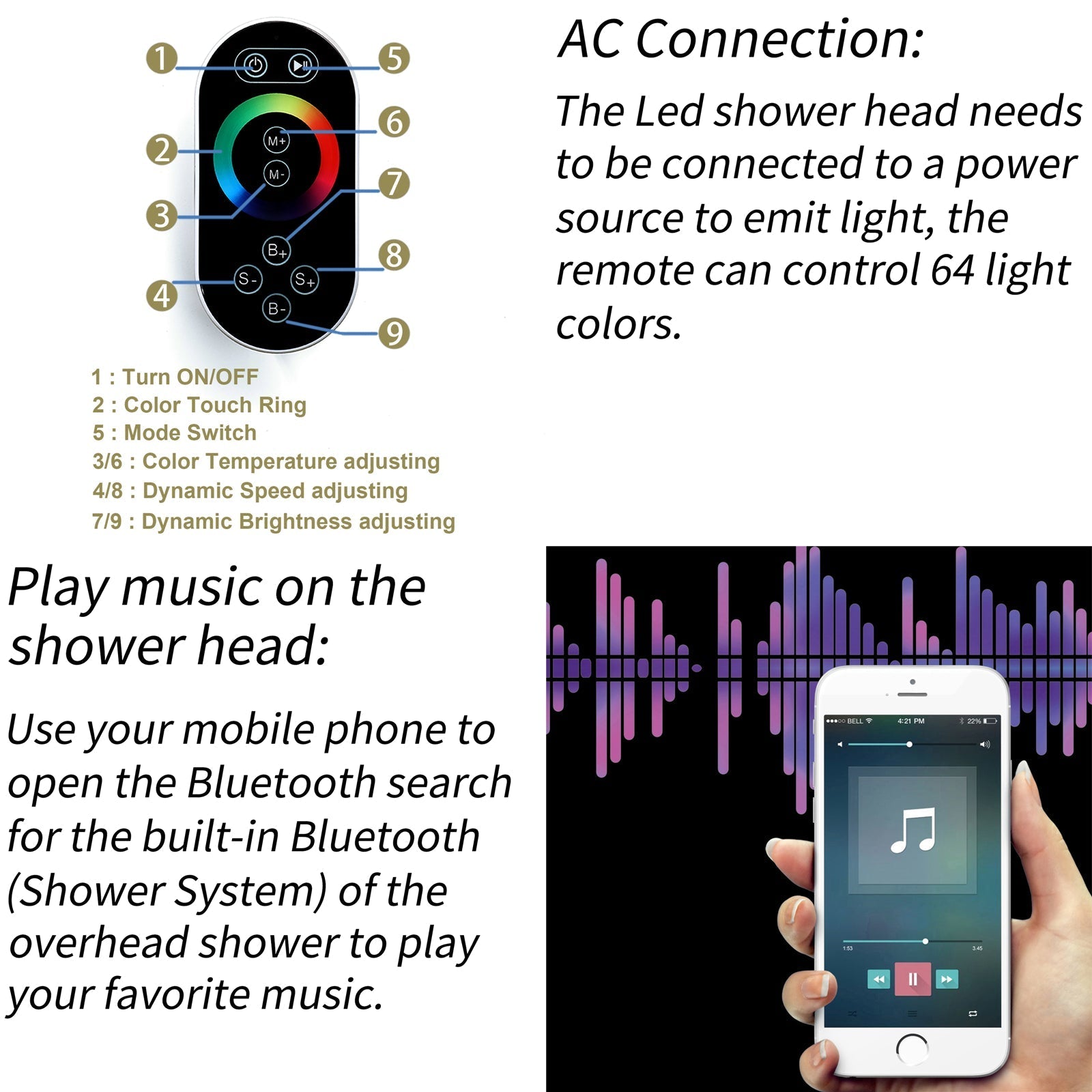 12-Inch Brushed Gold Flush Mount Shower Faucet Set: 3-Way Thermostatic Control, 64-Color LED Lights, Bluetooth Music, and Regular Head