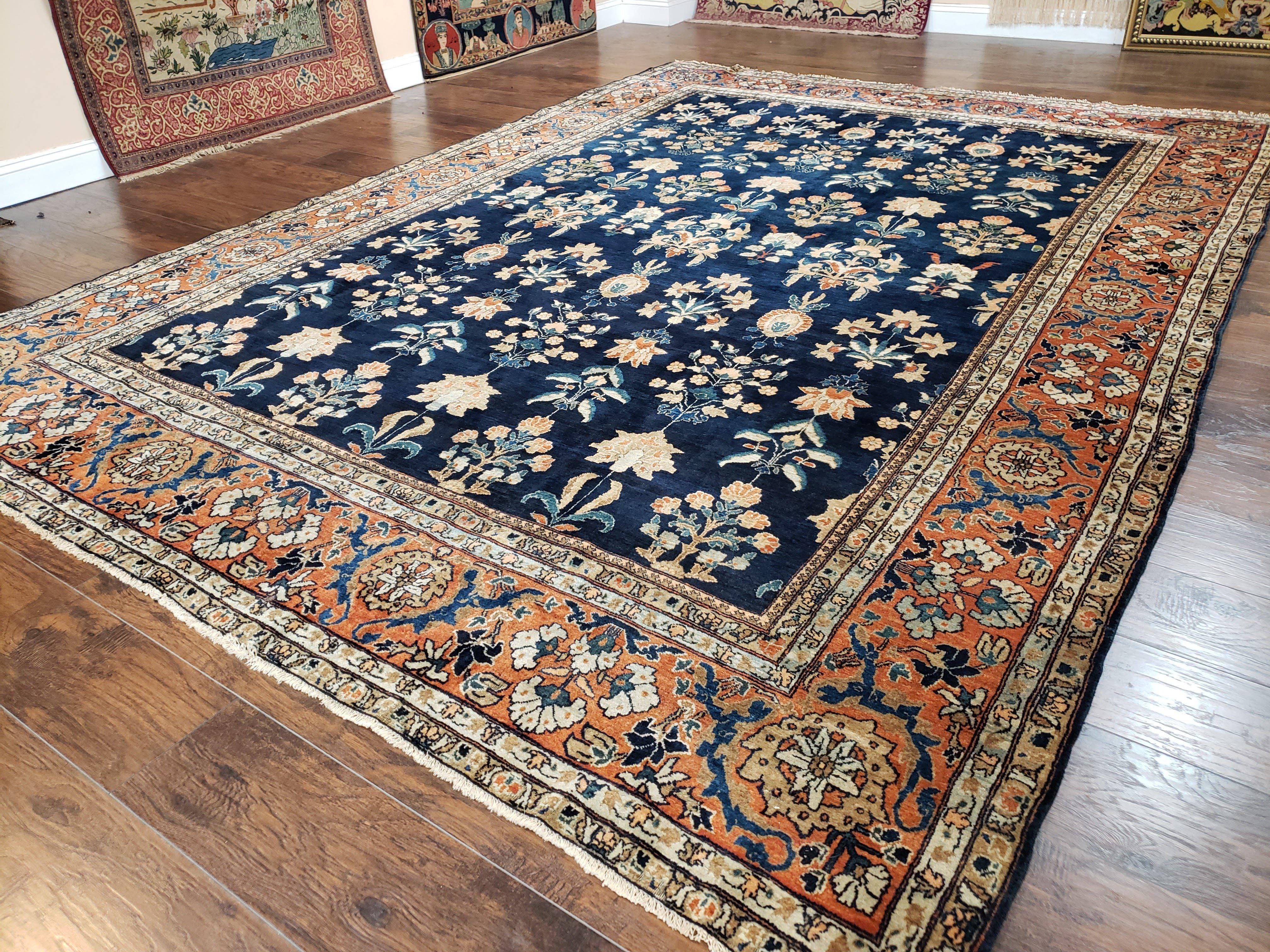 1920s Antique Persian Sarouk Mahajaran Rug, Hand Knotted, Wool, Dark Blue and Red, 8'7" x 11'10'