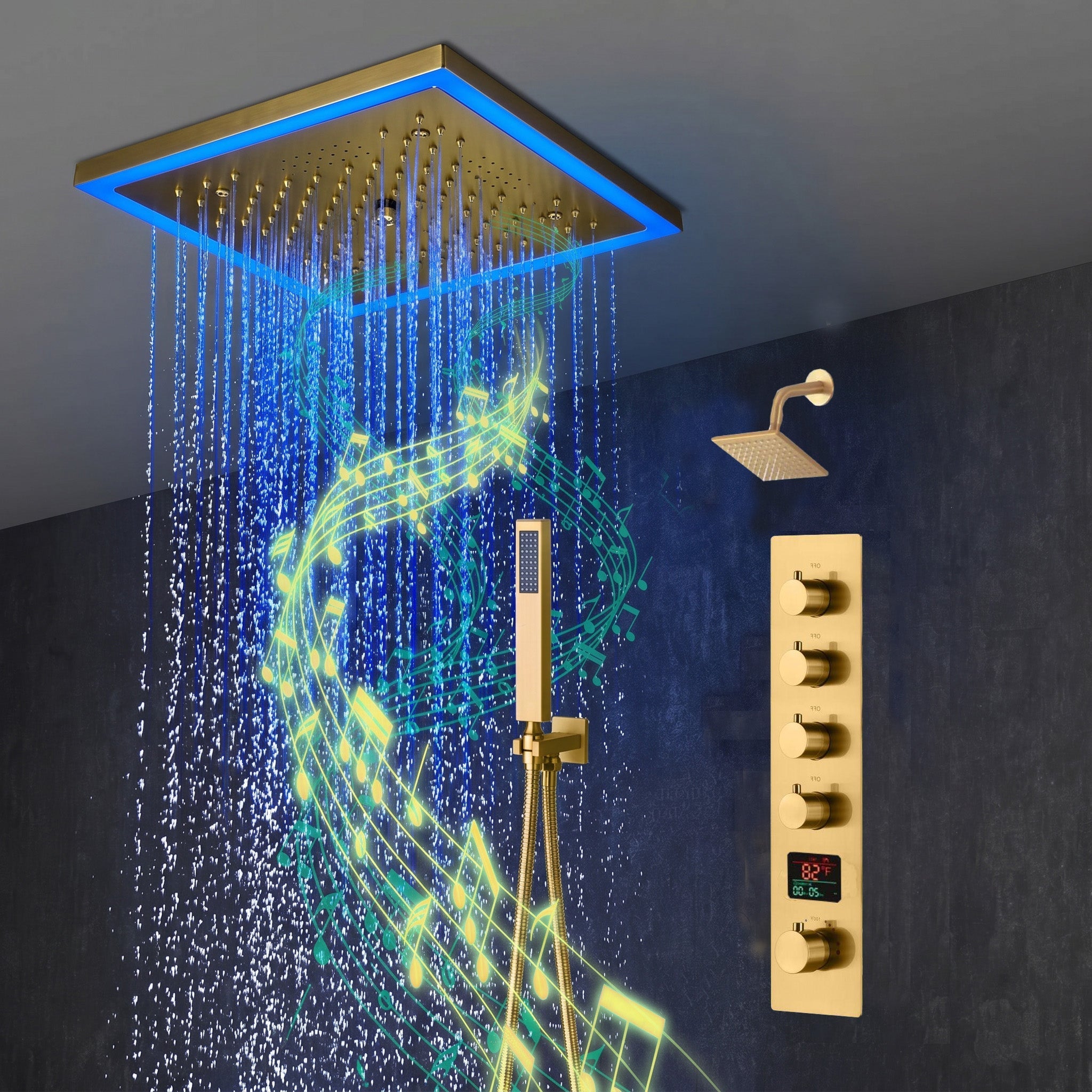 12-Inch Brushed Gold Flush Mount Shower Faucet Set: 4-Way Thermostatic Control, 64-Color LED Lights, Bluetooth Music, and Regular Head