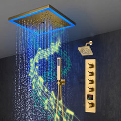 12-Inch Brushed Gold Flush Mount Shower Faucet Set: 4-Way Thermostatic Control, 64-Color LED Lights, Bluetooth Music, and Regular Head