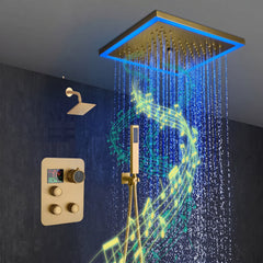 12-Inch Brushed Gold Flush Mount Shower Faucet Set: 3-Way Thermostatic Control, 64-Color LED Lights, Bluetooth Music, and Regular Head