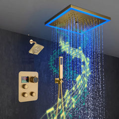 12-Inch Brushed Gold Flush Mount Shower Faucet Set: 3-Way Thermostatic Control, 64-Color LED Lights, Bluetooth Music, and Regular Head