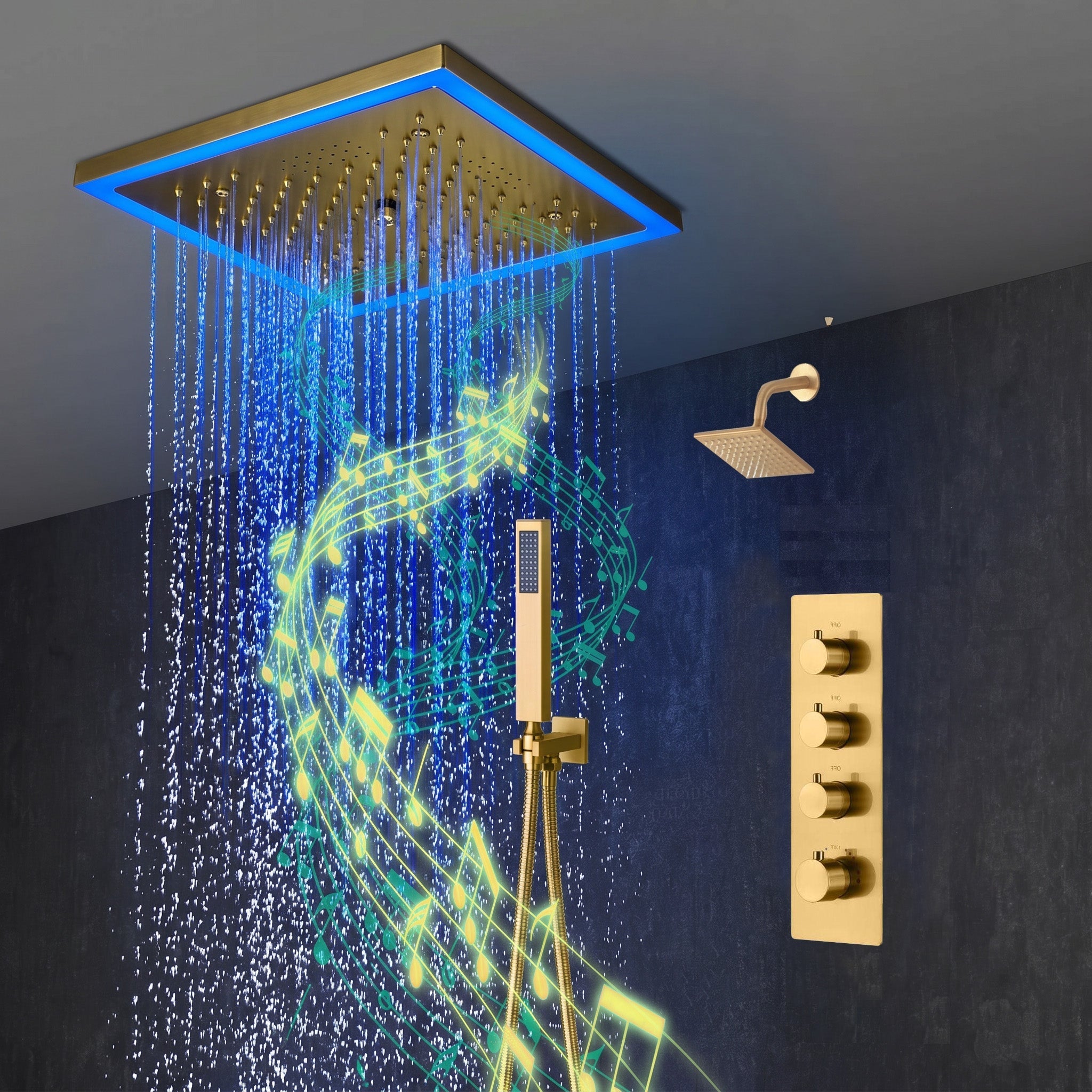12-Inch Brushed Gold Flush Mount Shower Faucet Set: 3-Way Thermostatic Control, 64-Color LED Lights, Bluetooth Music, and Regular Head
