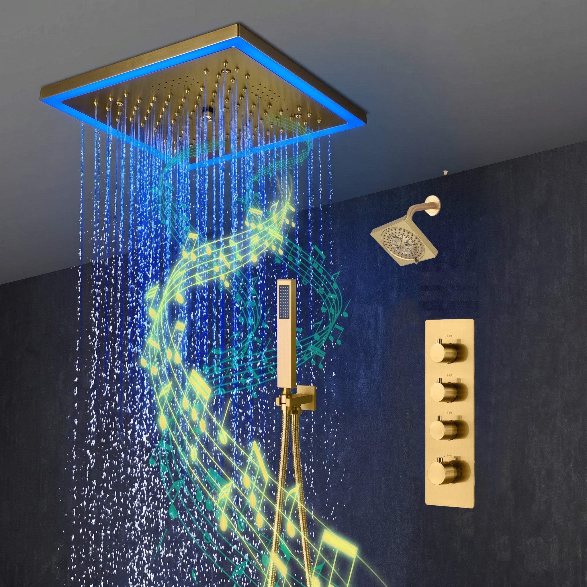 12-Inch Brushed Gold Flush Mount Shower Faucet Set: 3-Way Thermostatic Control, 64-Color LED Lights, Bluetooth Music, and Regular Head
