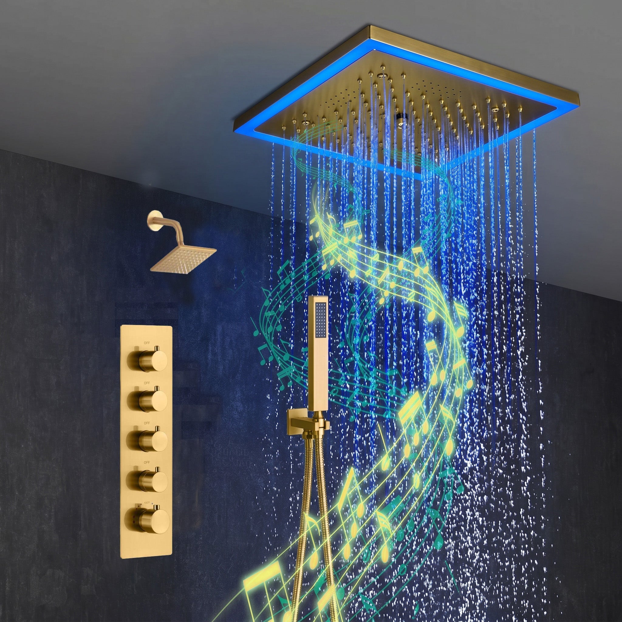 12-Inch Brushed Gold Flush Mount Shower Faucet Set: 4-Way Thermostatic Control, 64-Color LED Lights, Bluetooth Music, and Regular Head