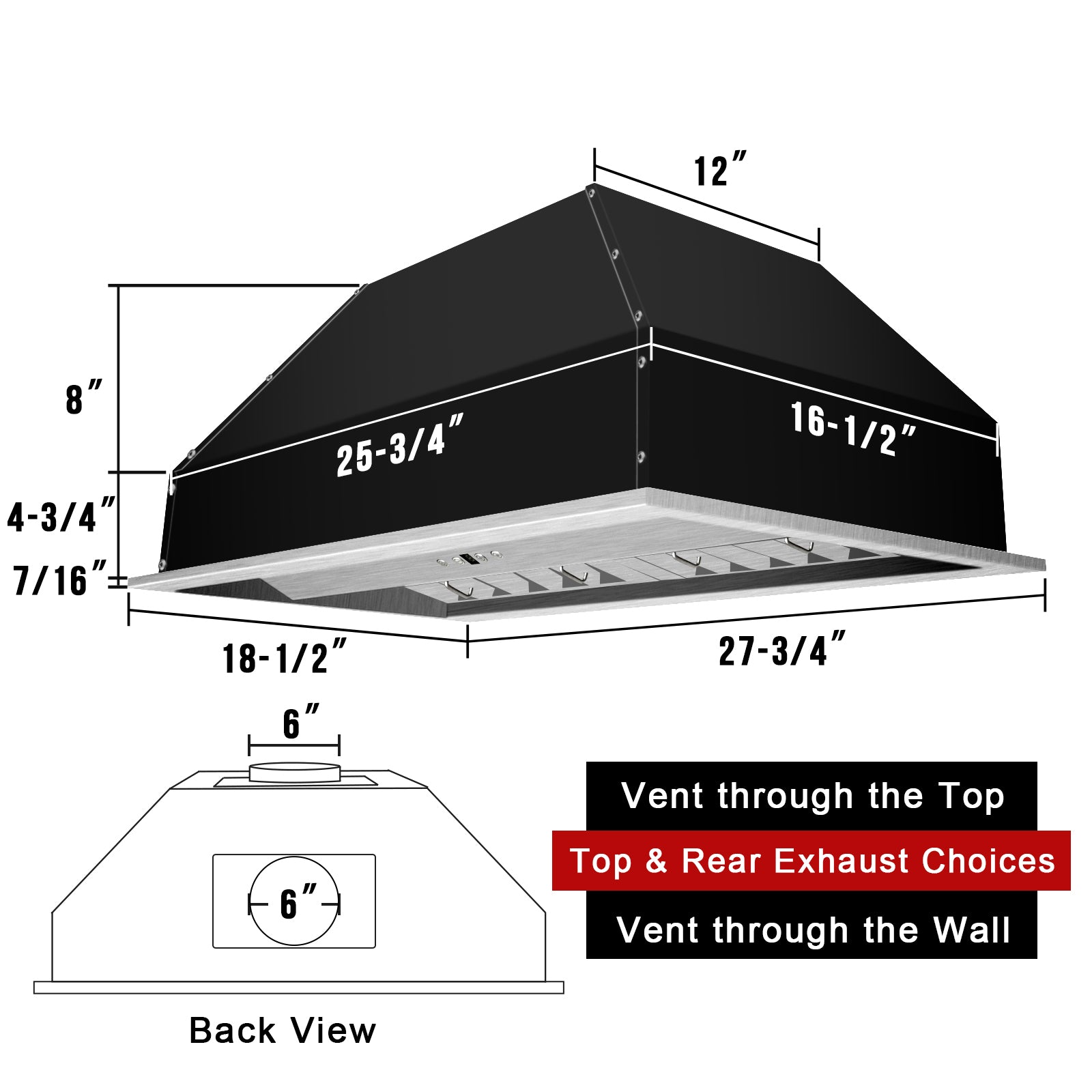 30" Range Hood Insert, Stainless Steel Kitchen Vent Hood with Dimmable LED Lights, 600CFM