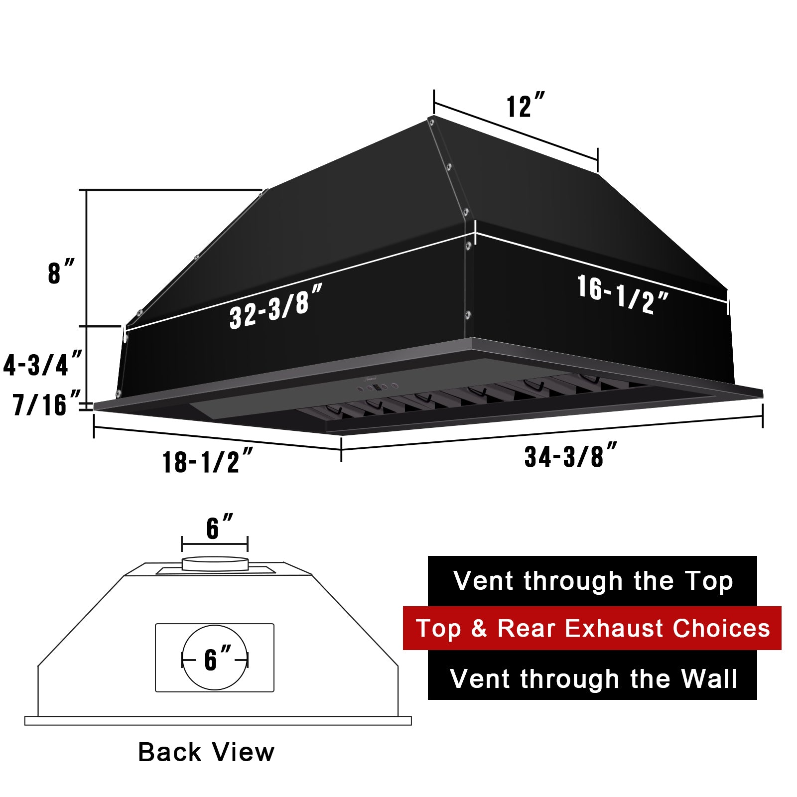 36" Range Hood Insert, Stainless Steel Kitchen Vent Hood with Dimmable LED Lights, 600CFM