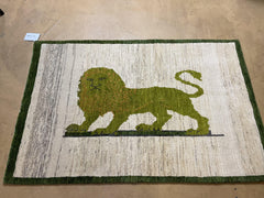 3 x 4 Handmade Rug Zagros Mountains Wool Rug Lion Beige Olive Green Tribal Rug