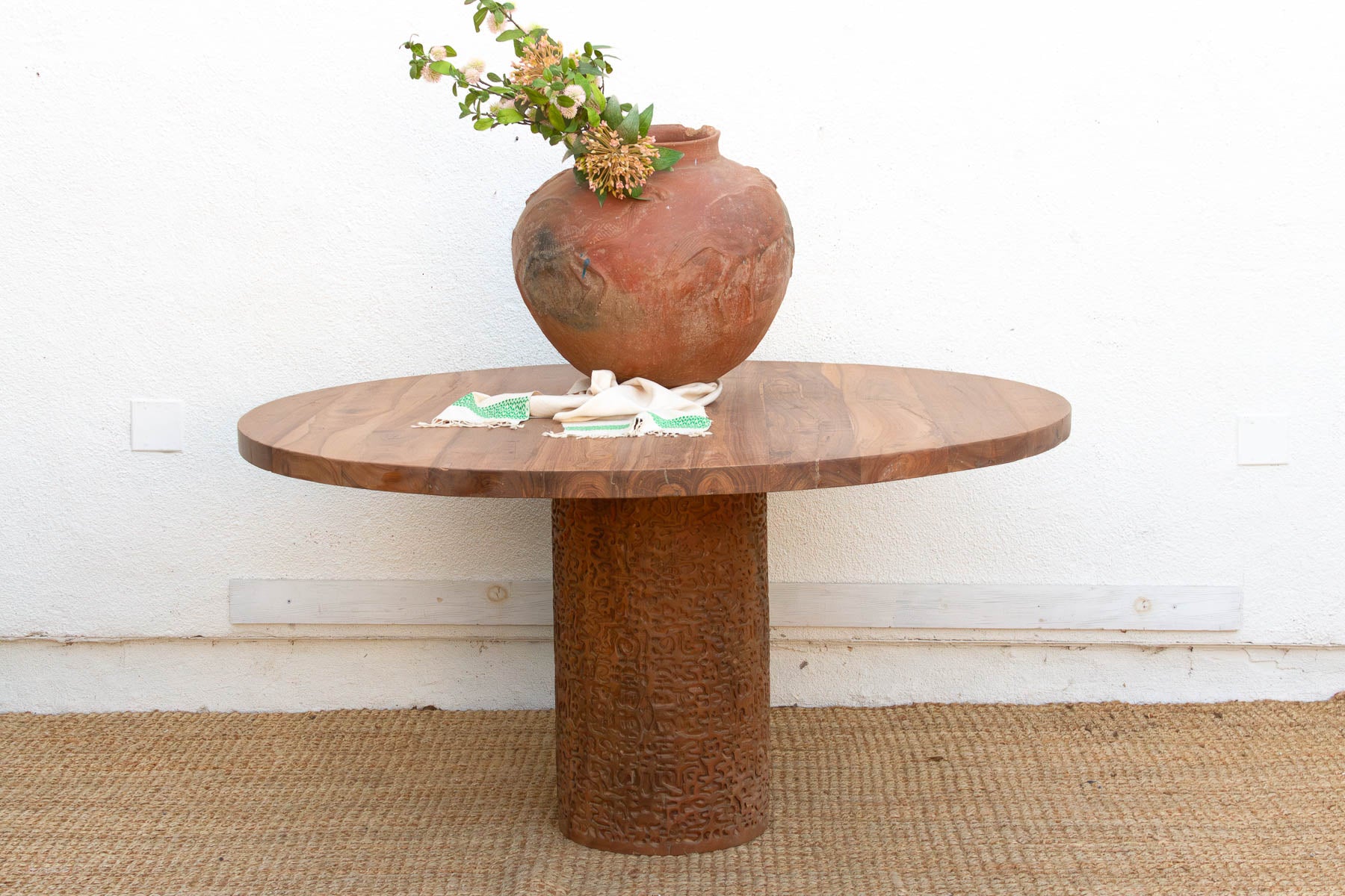 60" DM Round Burma Teak Carved Pedestal Table