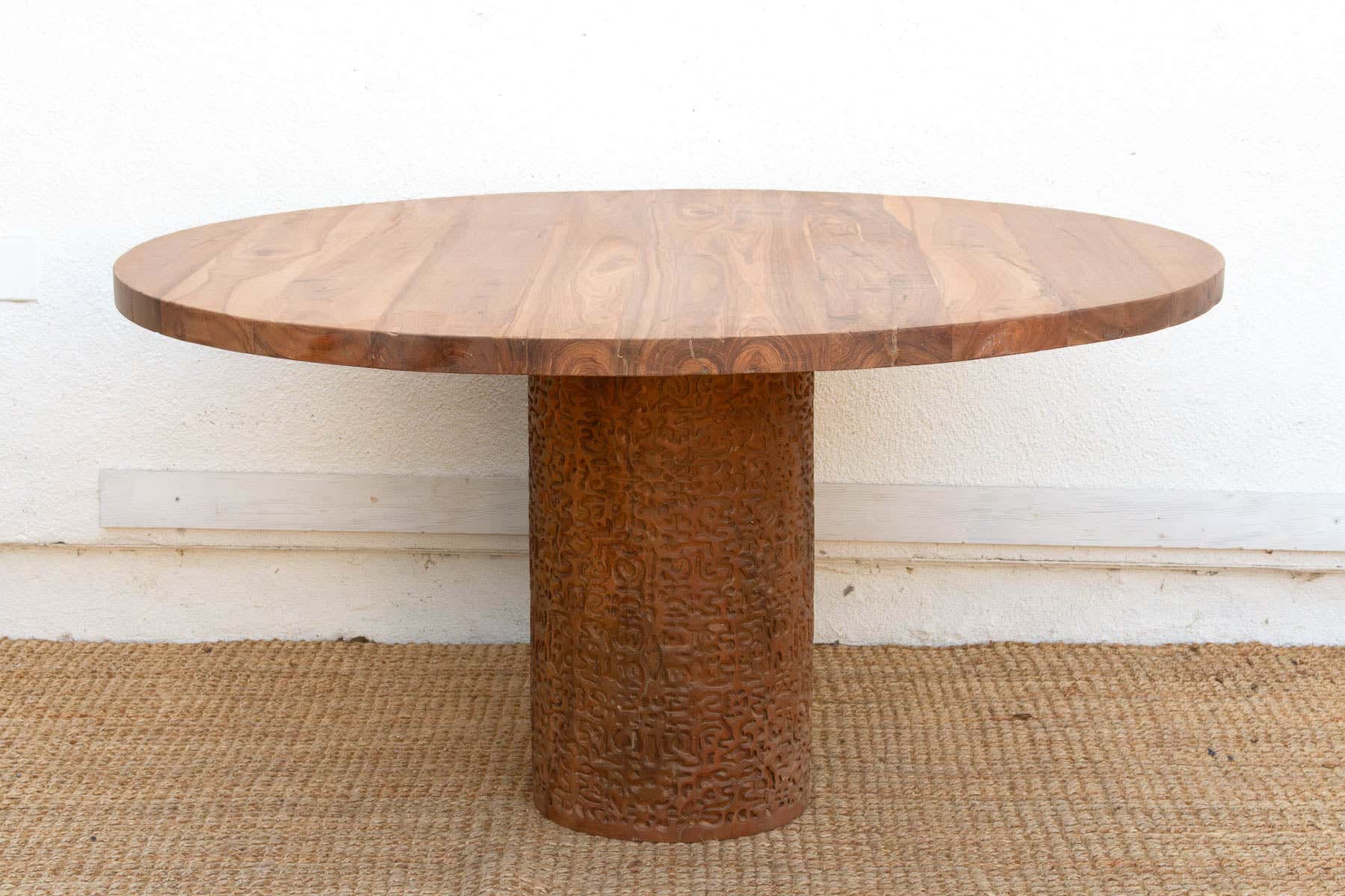 60" DM Round Burma Teak Carved Pedestal Table