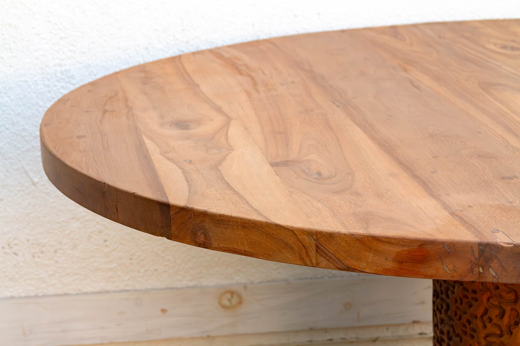 60" DM Round Burma Teak Carved Pedestal Table