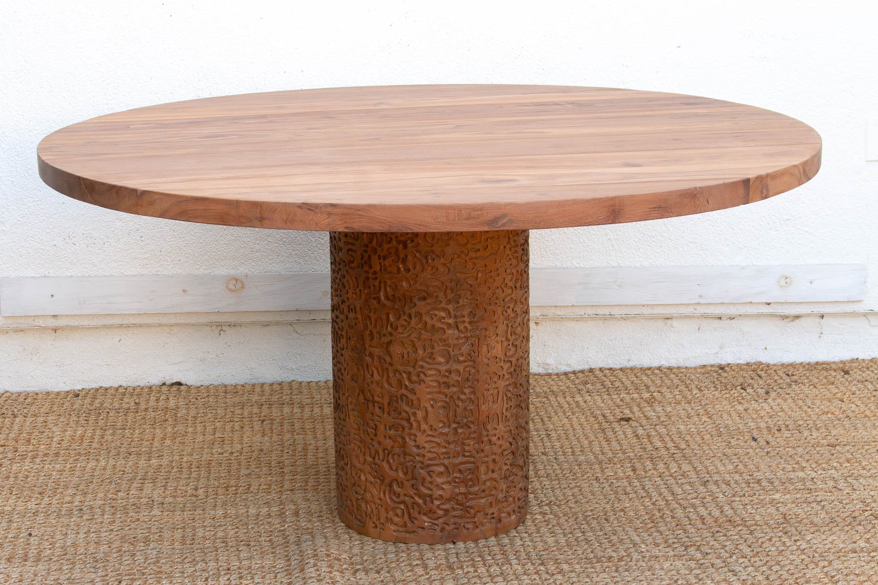 60" DM Round Burma Teak Carved Pedestal Table