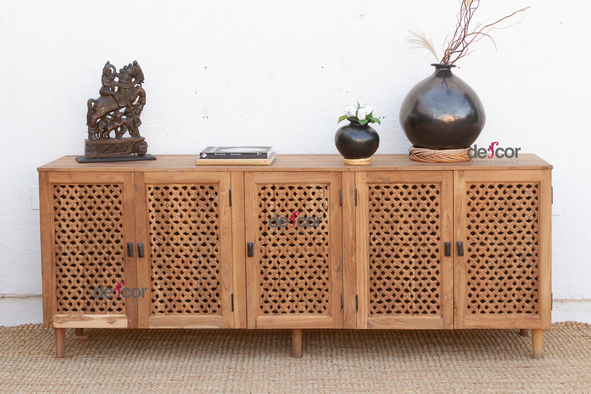 88" Long Old Teak Floral Jali Sideboard