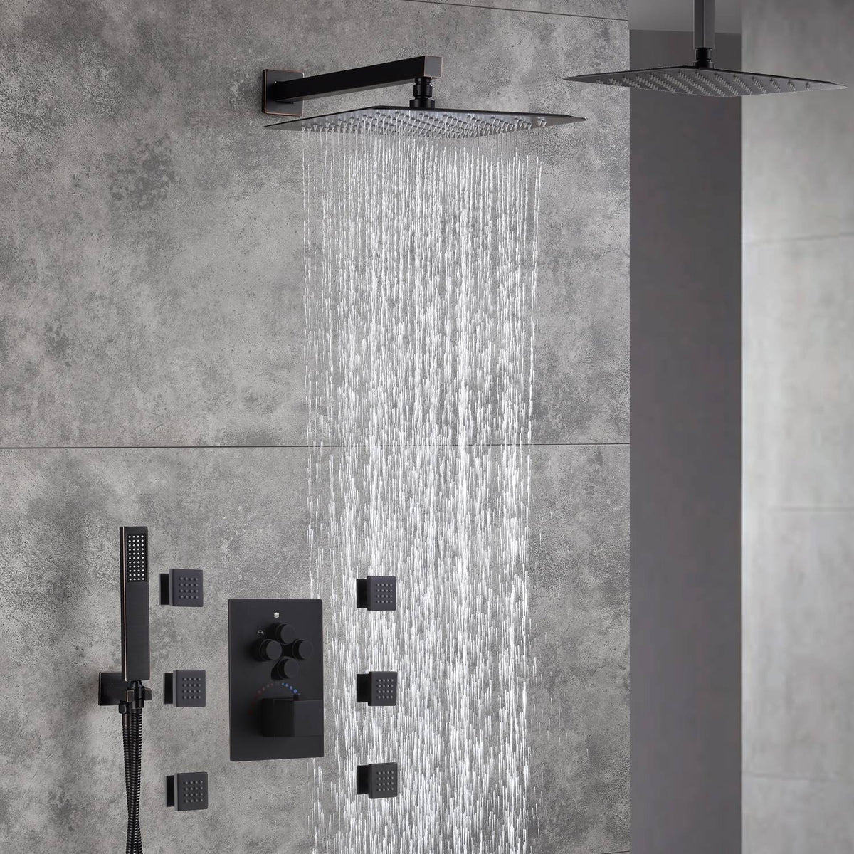 12-Inch Or 16 inch Non-LED Oil Rubbed Bronze (ORB) Ceiling-Mounted 4-Way Thermostatic Valve with Wall-Mounted 12-Inch Rain Head, Body Jets, and Dual Functionality