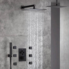 12-Inch Or 16 inch Non-LED Oil Rubbed Bronze (ORB) Ceiling-Mounted 4-Way Thermostatic Valve with Wall-Mounted 12-Inch Rain Head, Body Jets, and Dual Functionality