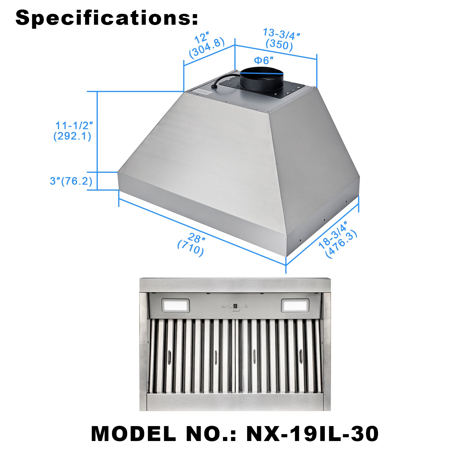 30" Range Hood Insert, Ultra Quiet Stainless Steel 6" Ducted with 600 CFM Powerful Suction