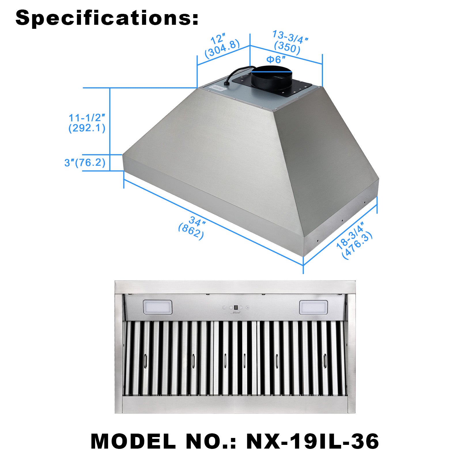 36" Range Hood Insert, Ultra Quiet Stainless Steel 6" Ducted with 600 CFM Powerful Suction