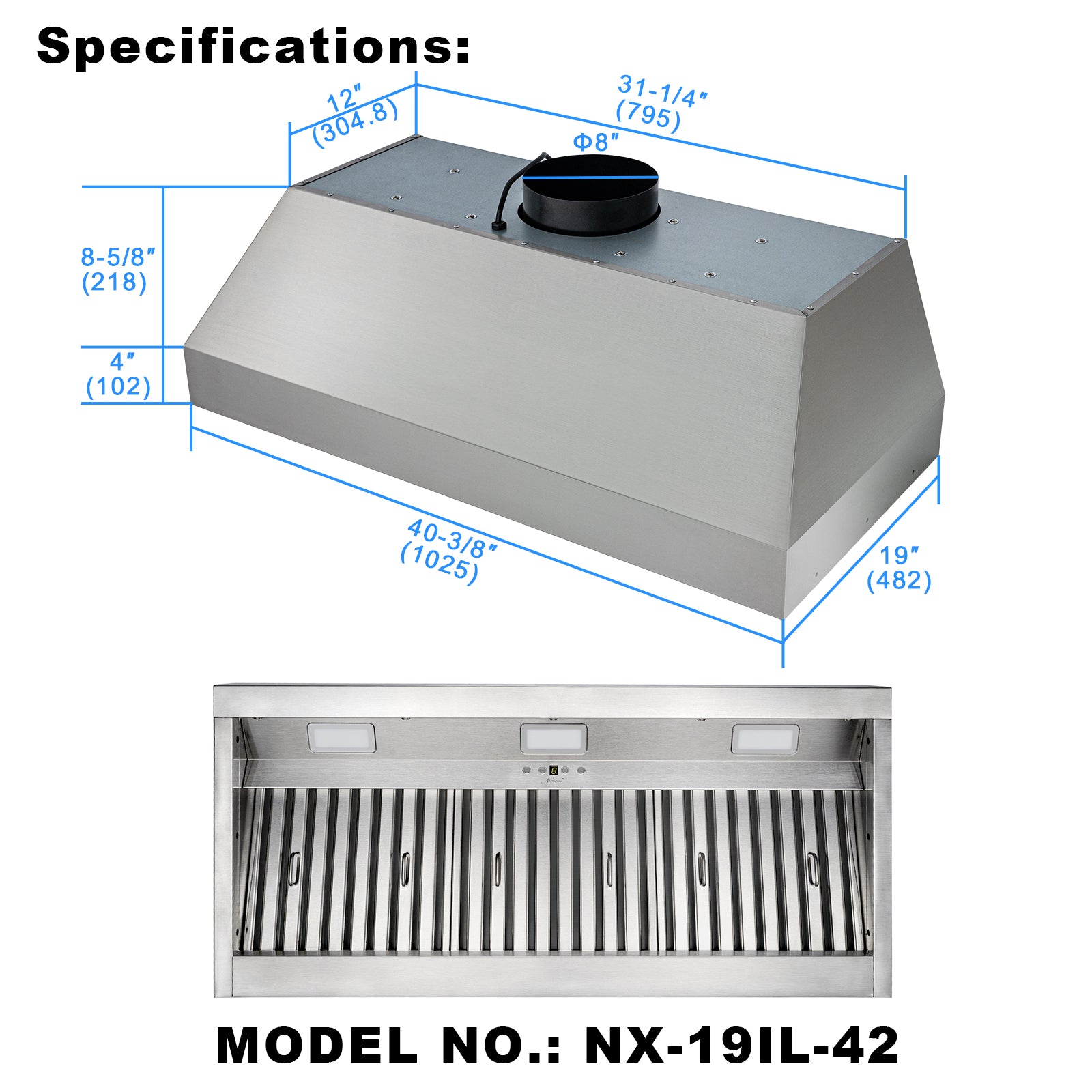 42" Range Hood Insert, Ultra Quiet Stainless Steel 8" Ducted with 1200 CFM Powerful Suction
