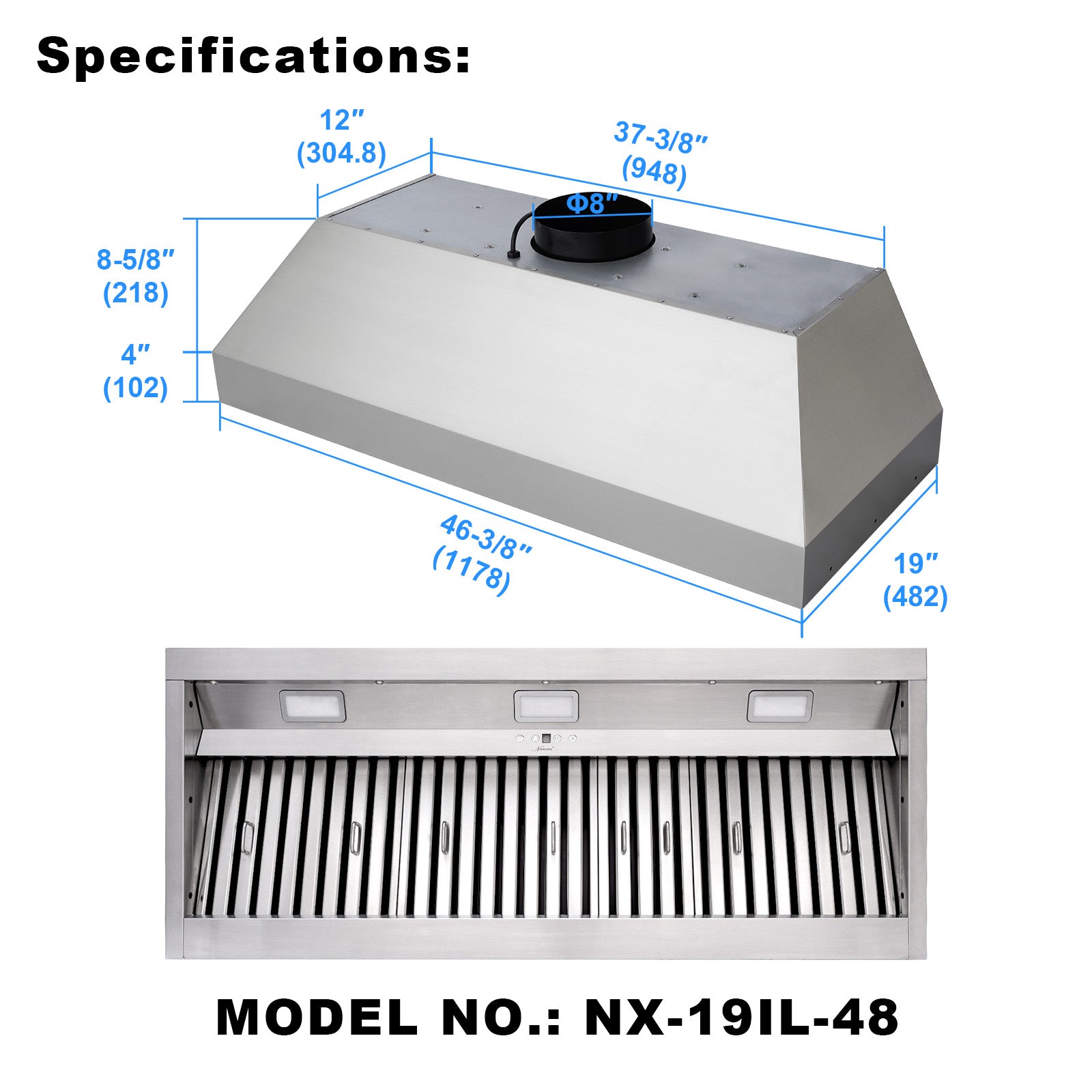 48" Range Hood Insert, Ultra Quiet Stainless Steel 8" Ducted with 1200 CFM Powerful Suction